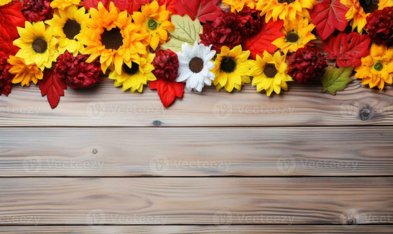 AI generated Autumn leaves and flowers on a wooden background. Copy space. photo