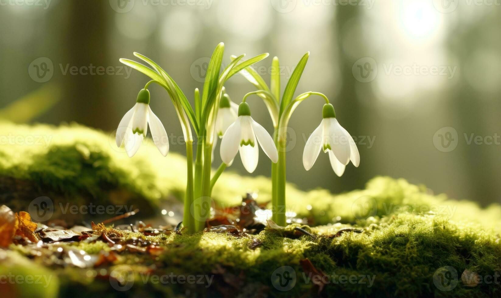 ai generado hermosa campanilla de febrero flores creciente en bosque, de cerca. temprano primavera. selectivo enfocar, bokeh ligero foto