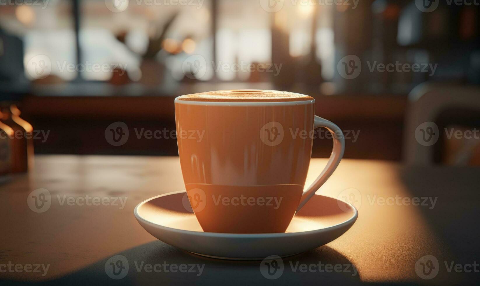 AI generated A steaming coffee cup on a saucer placed on a table with a warm, cozy cafe atmosphere and soft bokeh lights photo