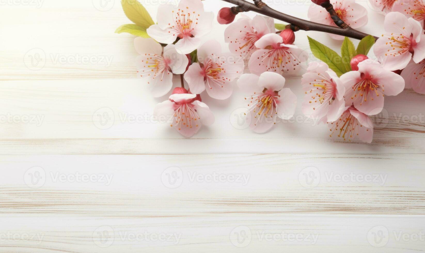 AI generated peach blossom on white wooden background with copy space for your text photo
