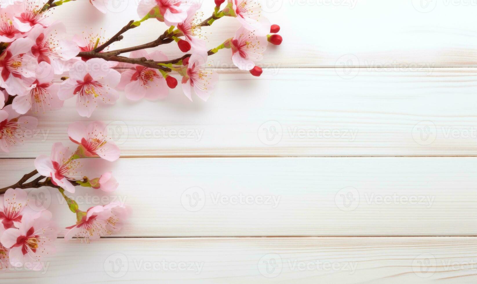 AI generated peach blossom on white wooden background with copy space for your text photo