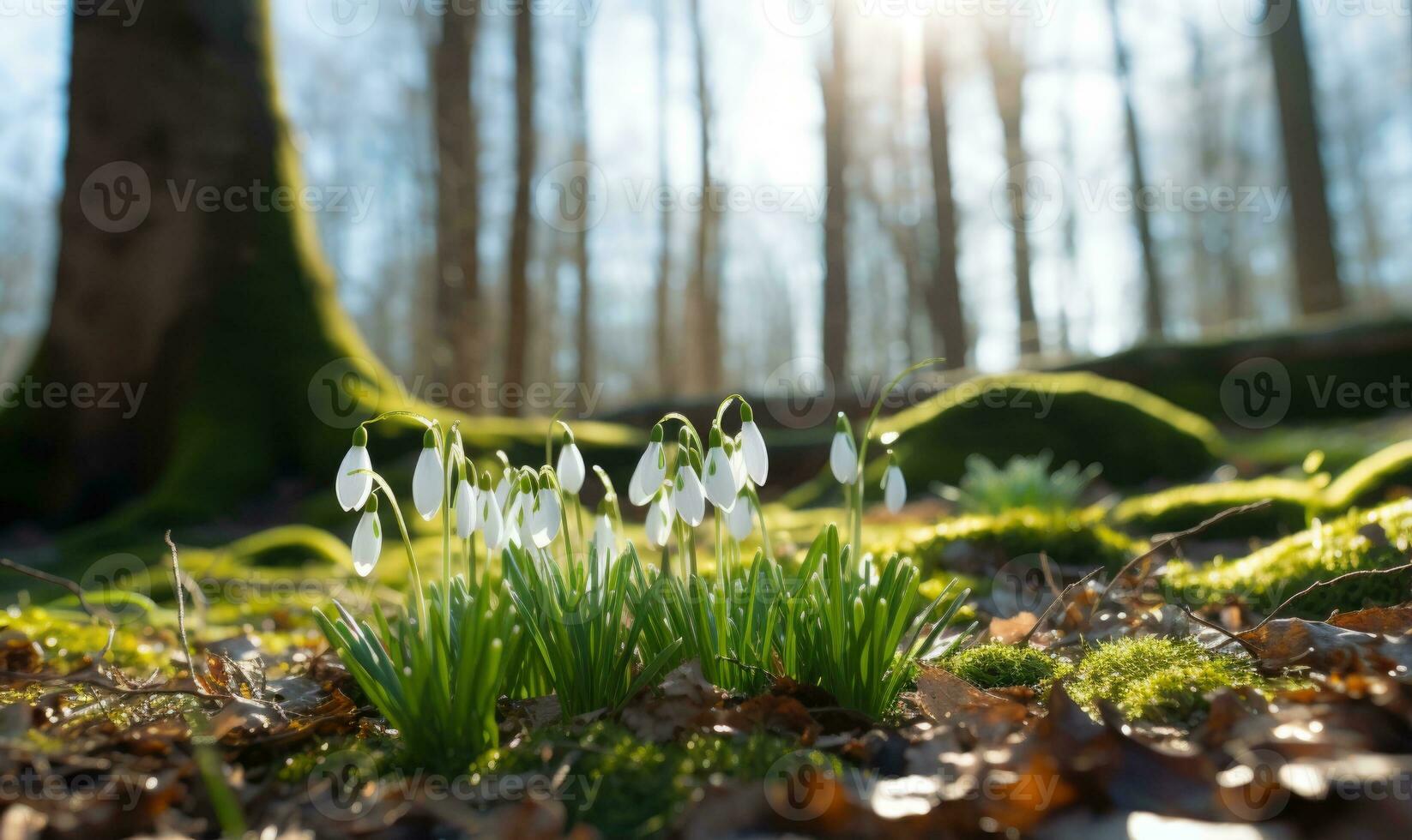 AI generated Beautiful snowdrop flowers growing in forest, closeup. Early spring. Selective focus, bokeh light photo