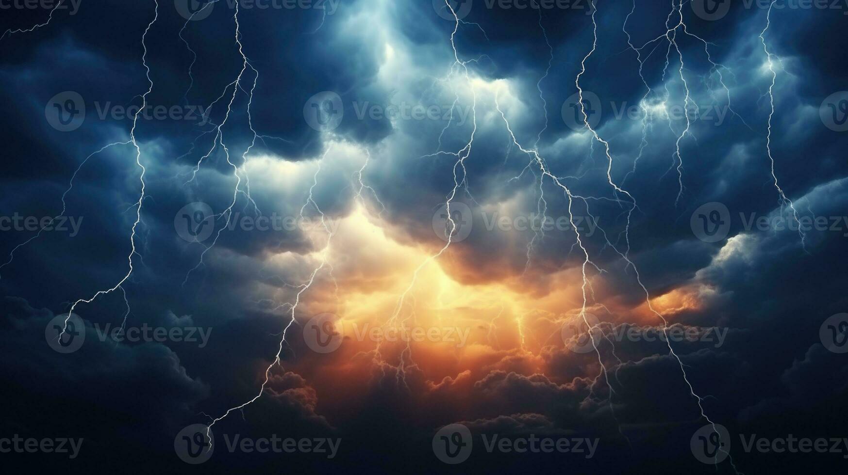 ai generado relámpago en el noche cielo. tormenta y relámpago en el noche cielo. foto