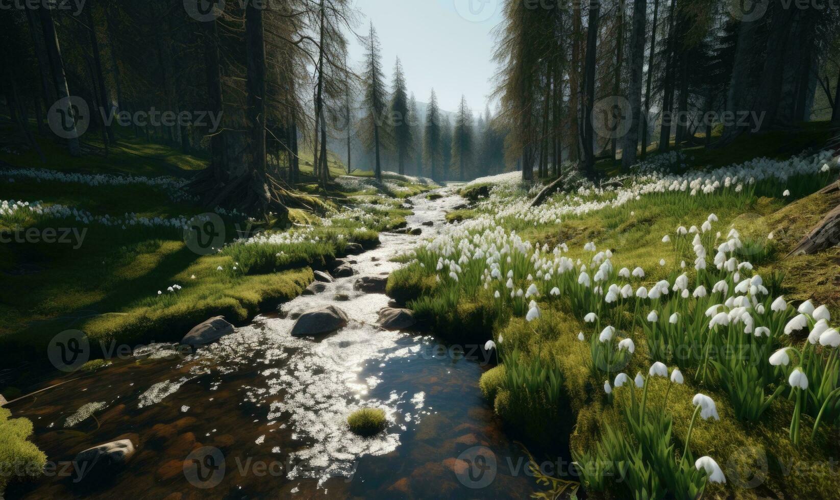 ai generado bosque cubierto con campanillas de invierno temprano primavera paisaje foto