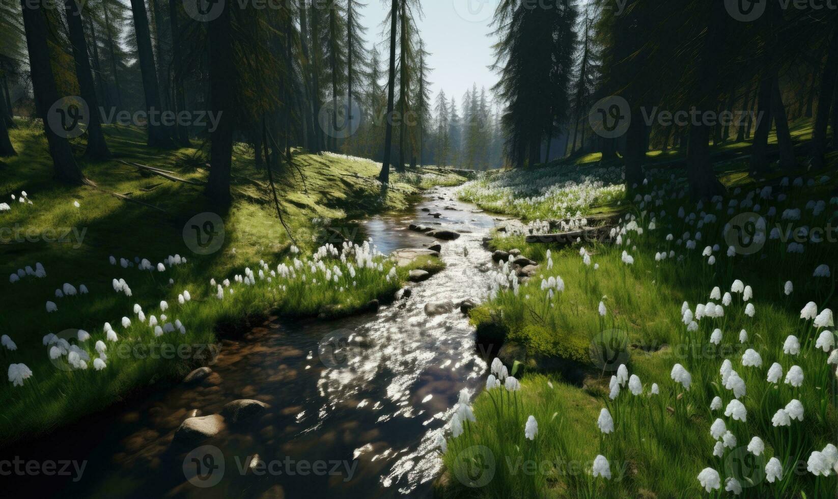 ai generado bosque cubierto con campanillas de invierno temprano primavera paisaje foto