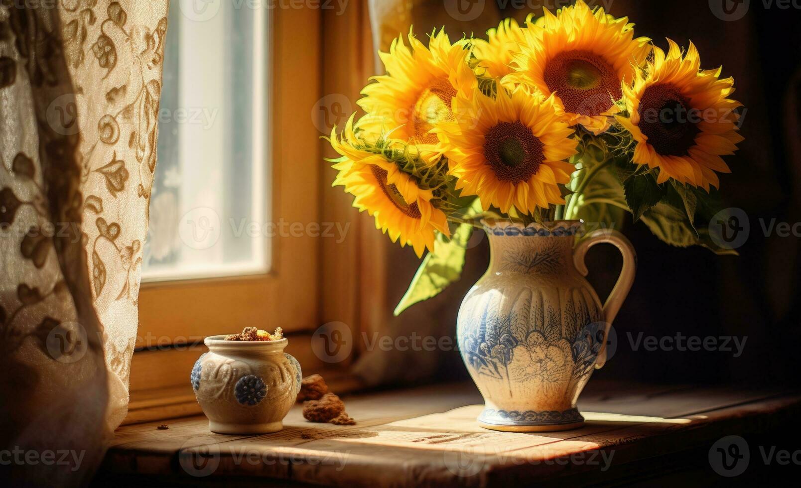 ai generado girasoles en florero, libros y un taza de café en el antepecho foto