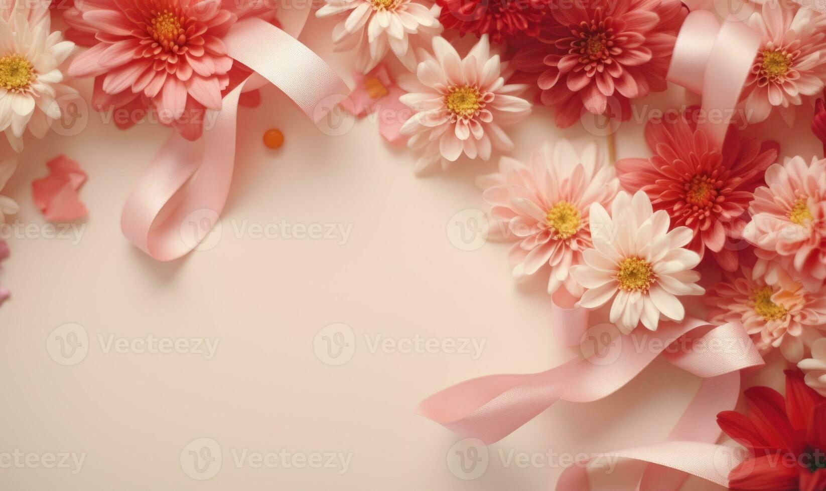 AI generated Top view of pink and white flowers on white background with copy space photo