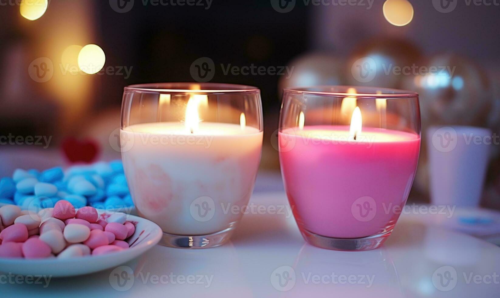 ai generado ardiente velas en habitación decorado para San Valentín día, de cerca foto