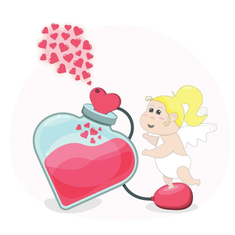 A perfume in the shape of a heart and a cloud of floating hearts. Cupid spraying a love potion. vector