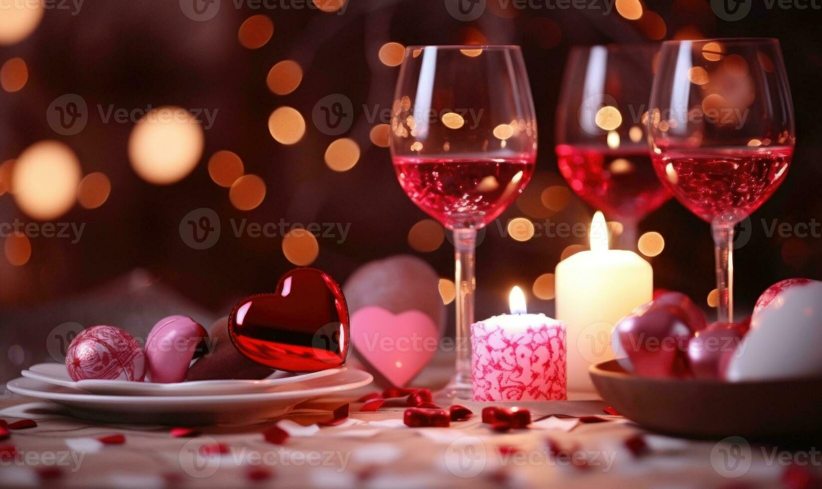 AI generated Romantic dinner with wine, candles and hearts on bokeh background photo