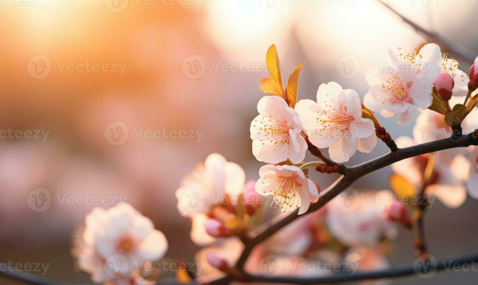 AI generated Blossoming branch of peach in the rays of the setting sun photo