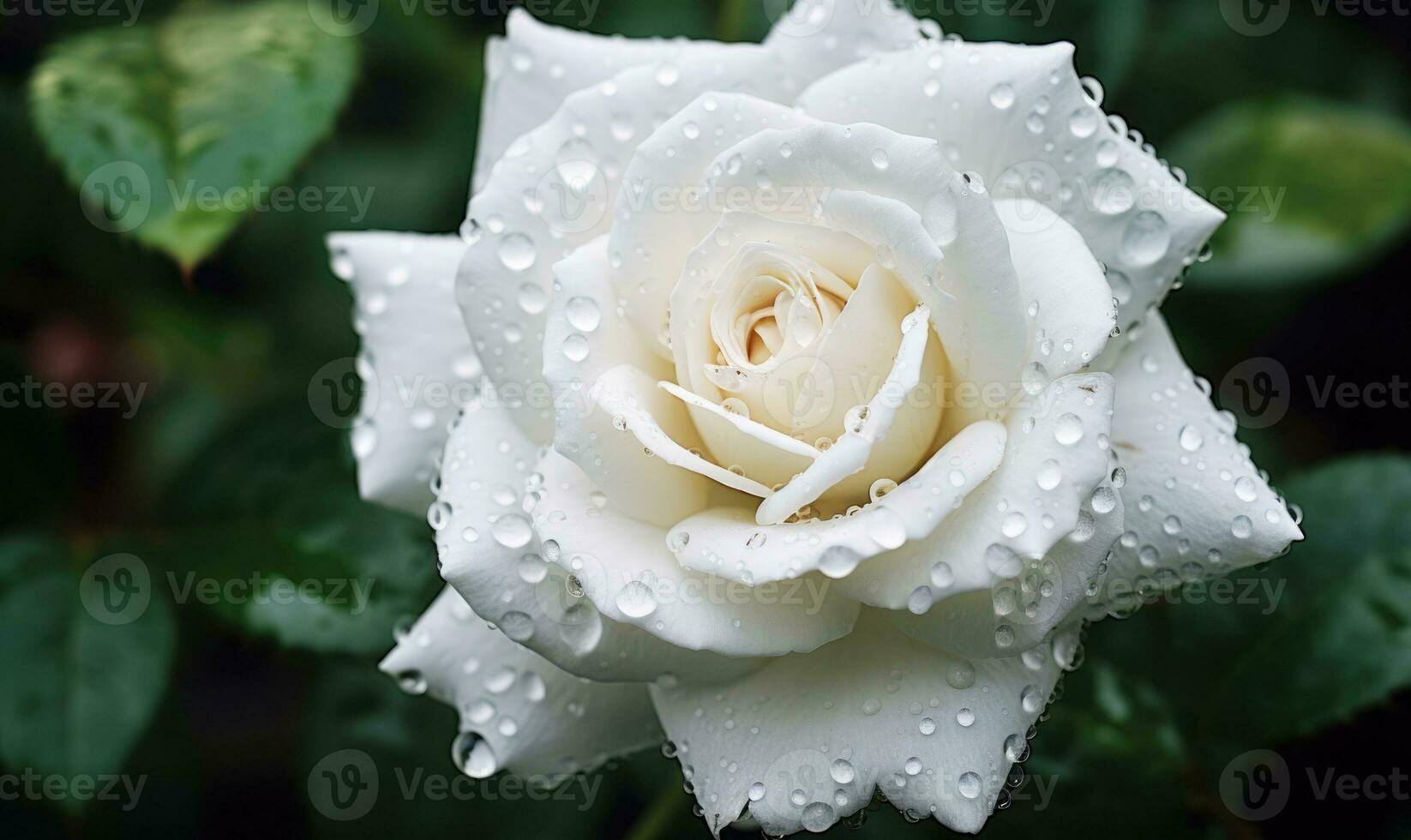AI generated White rose with water droplets on petals on a black background . Closeup view photo