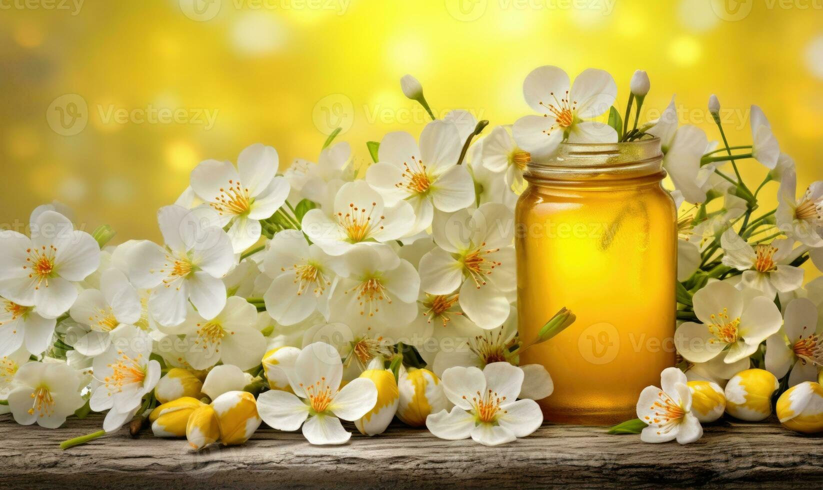 AI generated Jasmine flowers and honey in a jar on a wooden table 36469729 Stock Photo at Vecteezy