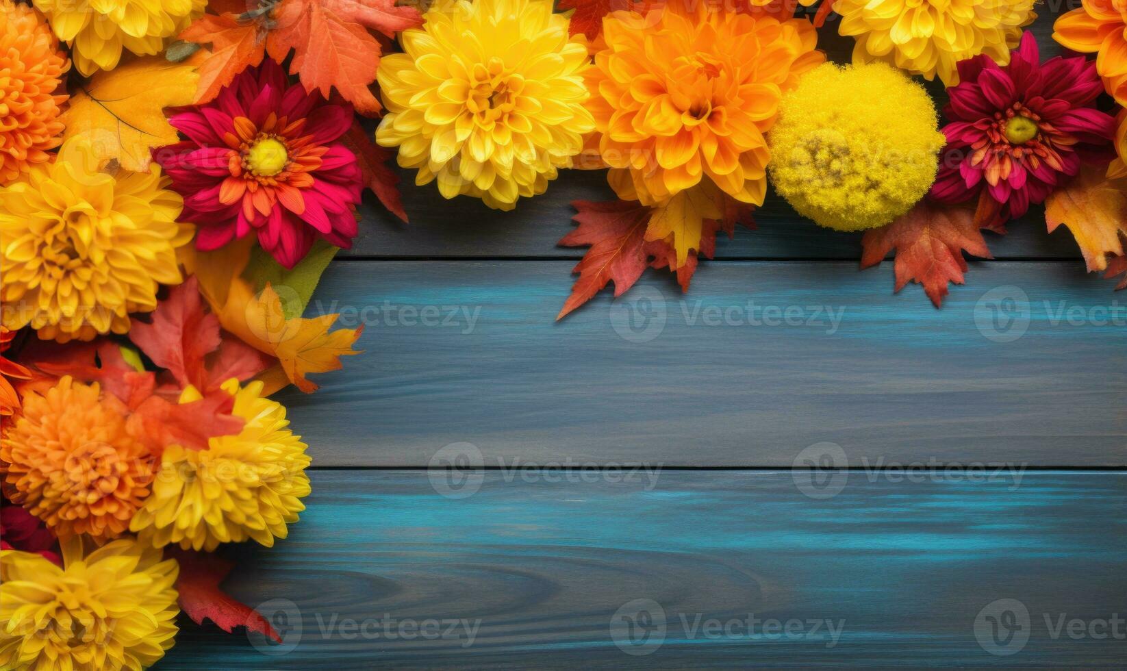 AI generated Autumn background with dahlias and leaves on blue wooden table photo