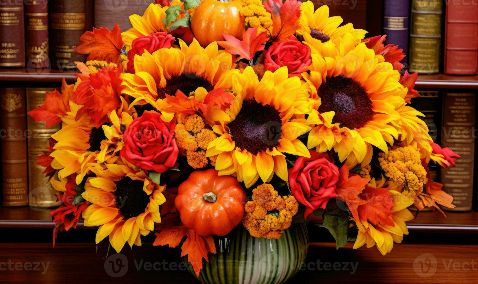 AI generated Autumn still life with flowers in vase and books on black background photo