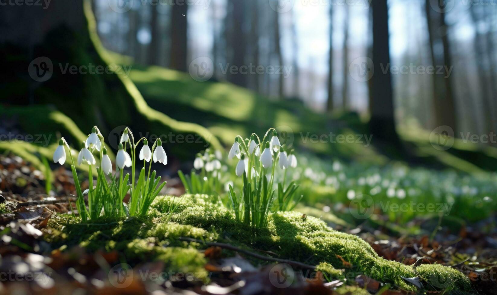 ai generado hermosa campanilla de febrero flores creciente en bosque, de cerca. temprano primavera. selectivo enfocar, bokeh ligero foto