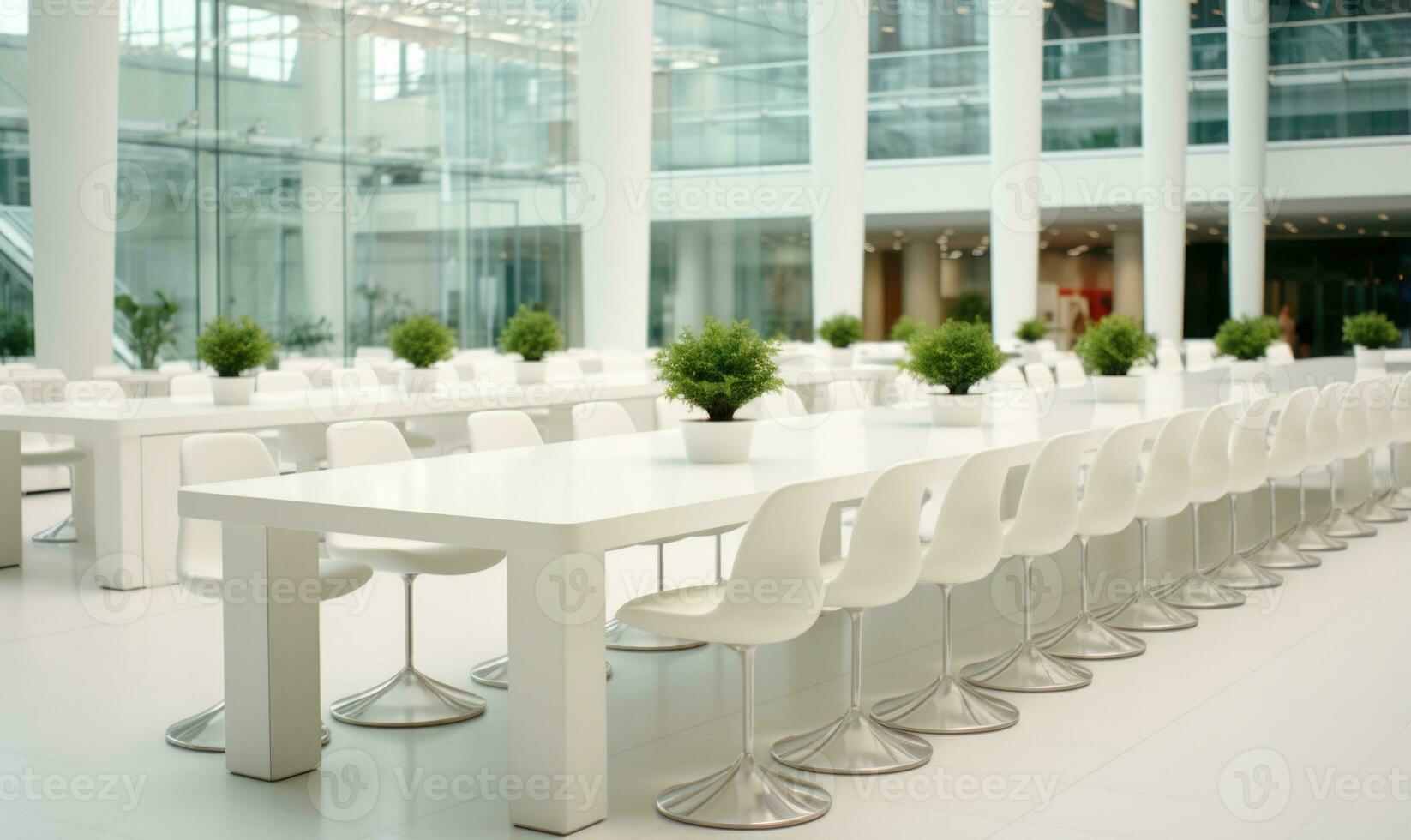 AI generated interior of a modern conference room with white chairs and green plants photo