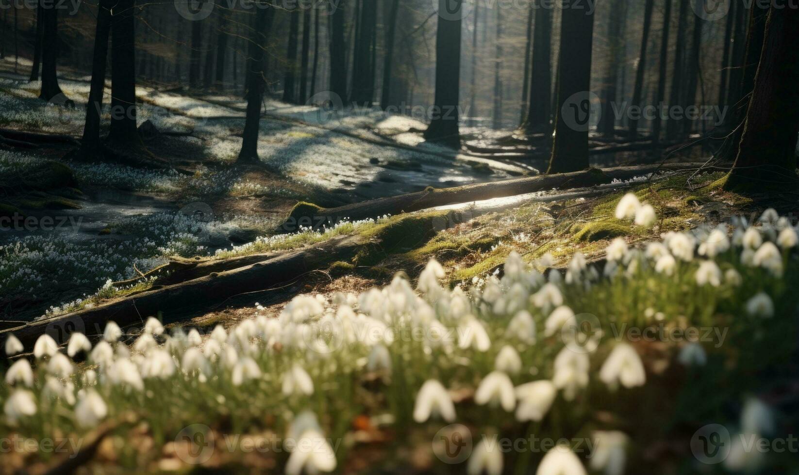 ai generado bosque cubierto con campanillas de invierno temprano primavera paisaje foto