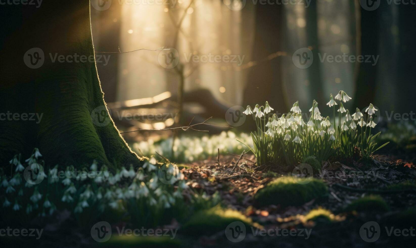ai generado hermosa campanilla de febrero flores creciente en bosque, de cerca. temprano primavera. selectivo enfocar, bokeh ligero foto