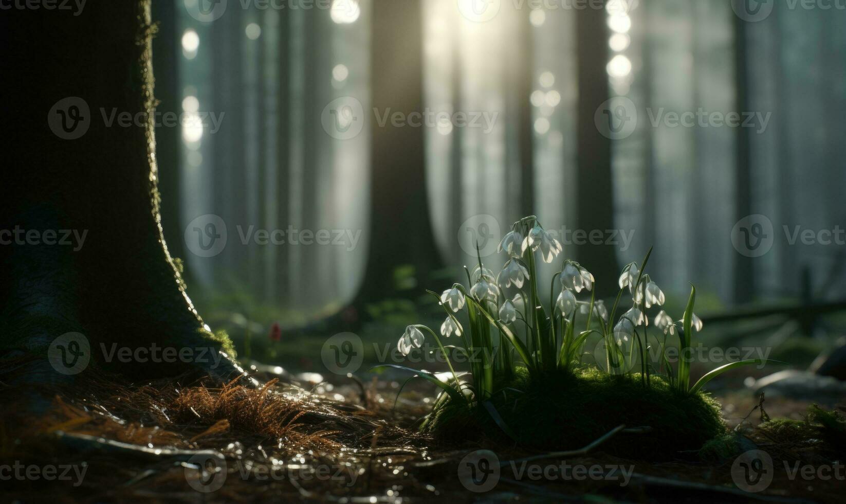ai generado hermosa campanilla de febrero flores creciente en bosque, de cerca. temprano primavera. selectivo enfocar, bokeh ligero foto