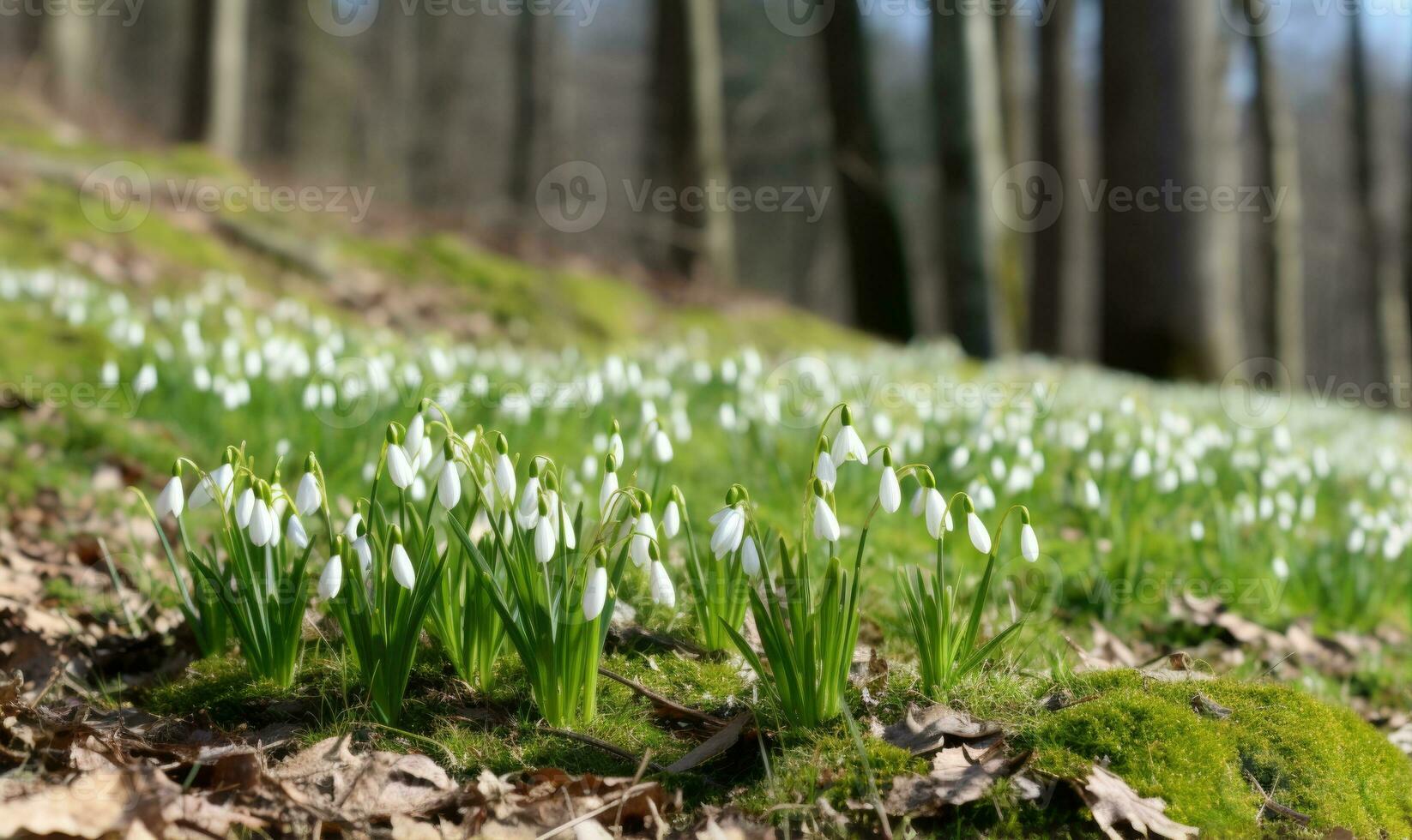 ai generado hermosa campanilla de febrero flores creciente en bosque, de cerca. temprano primavera. selectivo enfocar, bokeh ligero foto