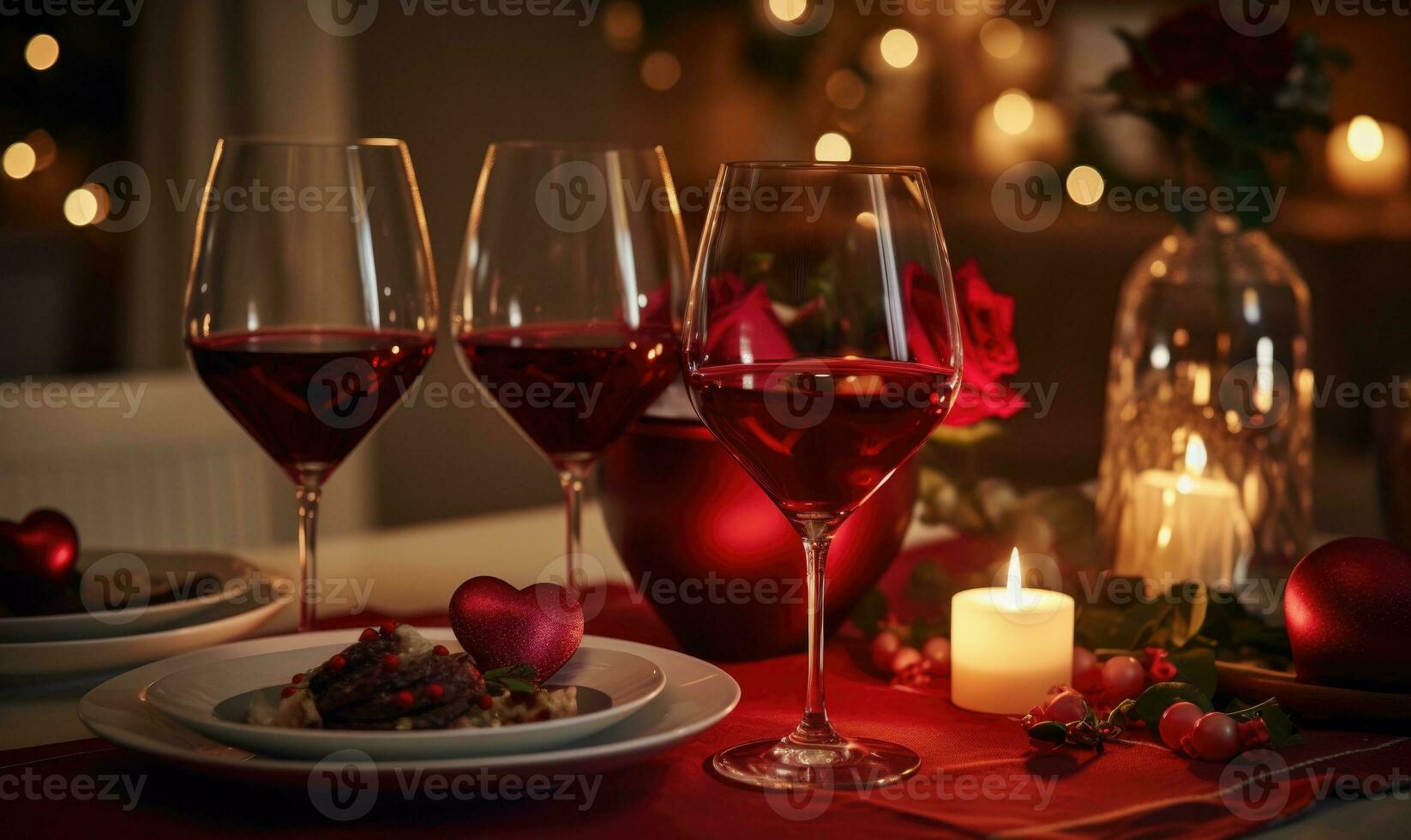 AI generated Romantic dinner with three glasses of red wine on wooden table decorated with hearts and candles photo