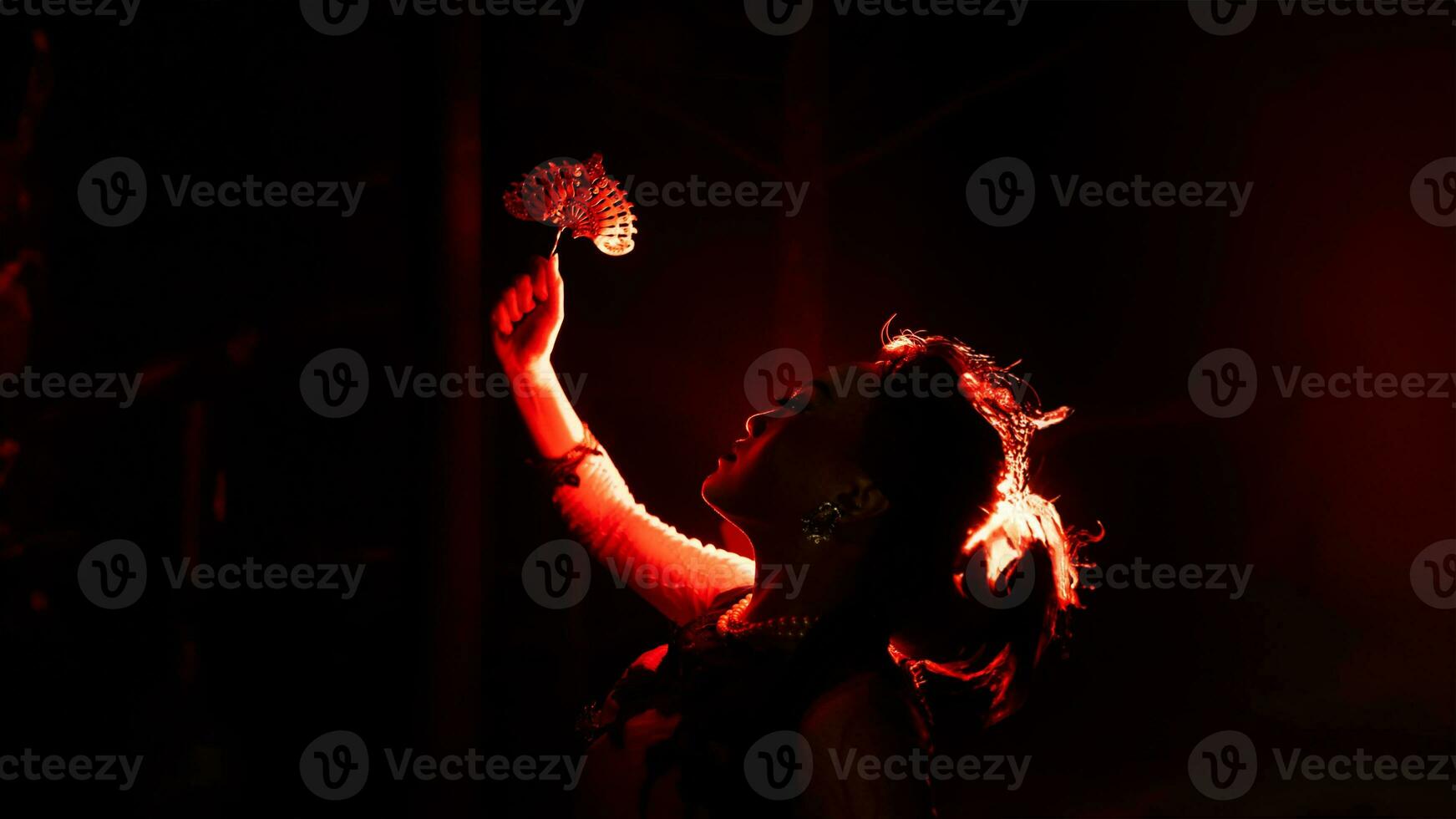 the silhouette of a female dancer holding jewelry that looks like a reflection reflecting in the dim light photo