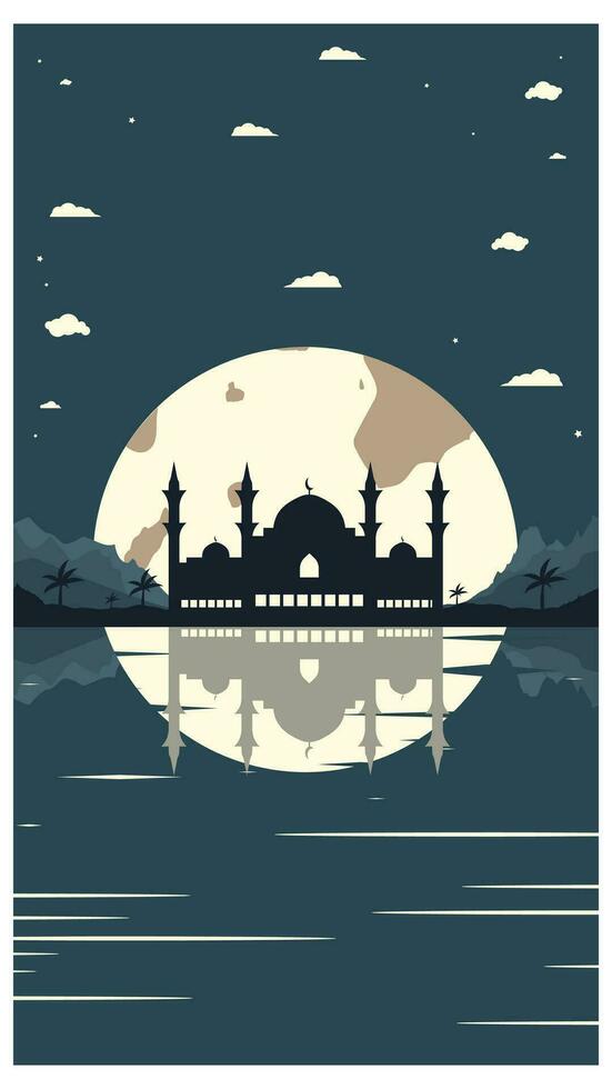 Mosque Silhouette with Mountains and Full Moon in the Background vector
