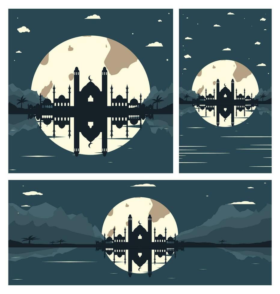 Collection of Mosque Silhouette Backgrounds with Mountains and Full Moon in the Background vector