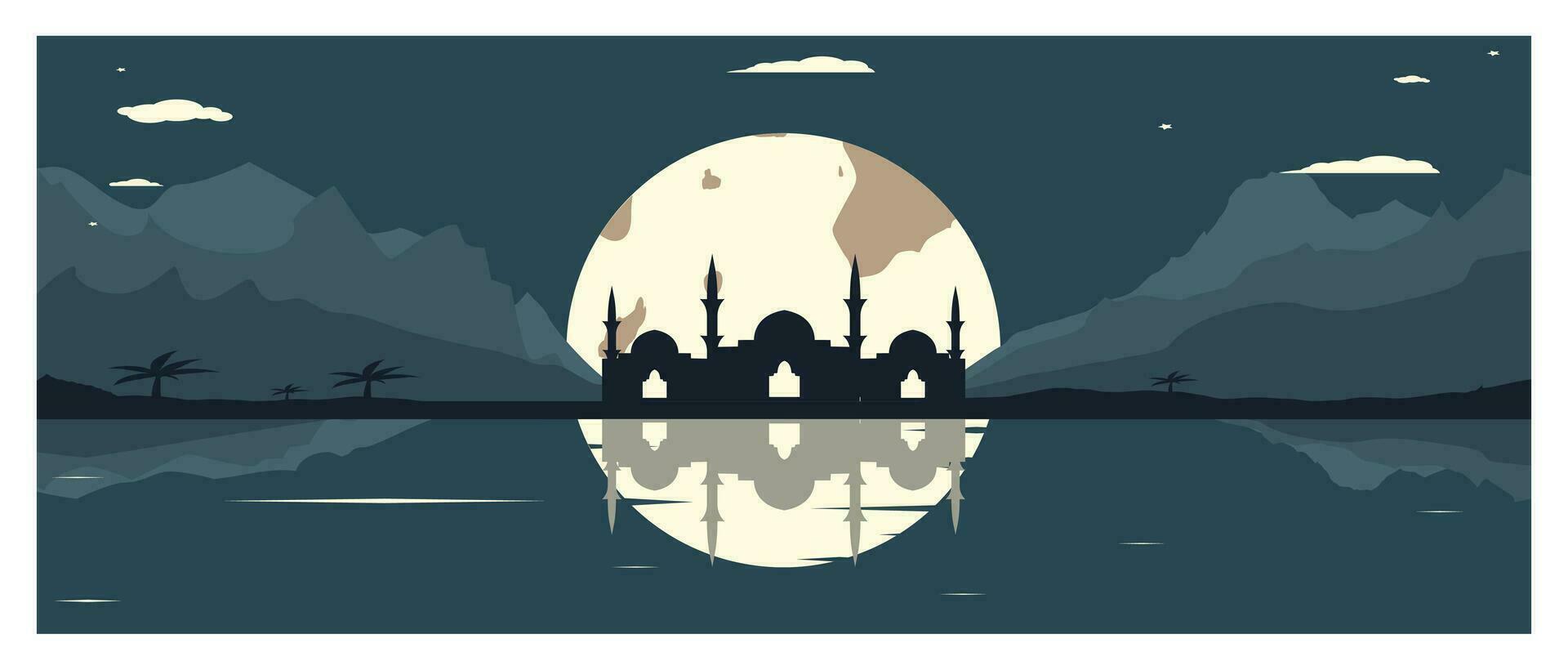 Mosque Silhouette with Mountains and Full Moon in the Background vector