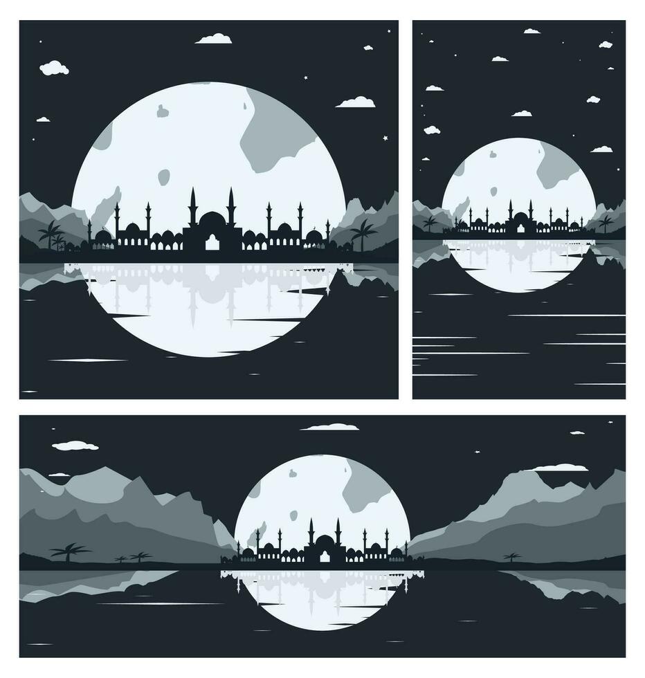 Collection of Mosque Silhouette Backgrounds with Mountains and Full Moon in the Background vector