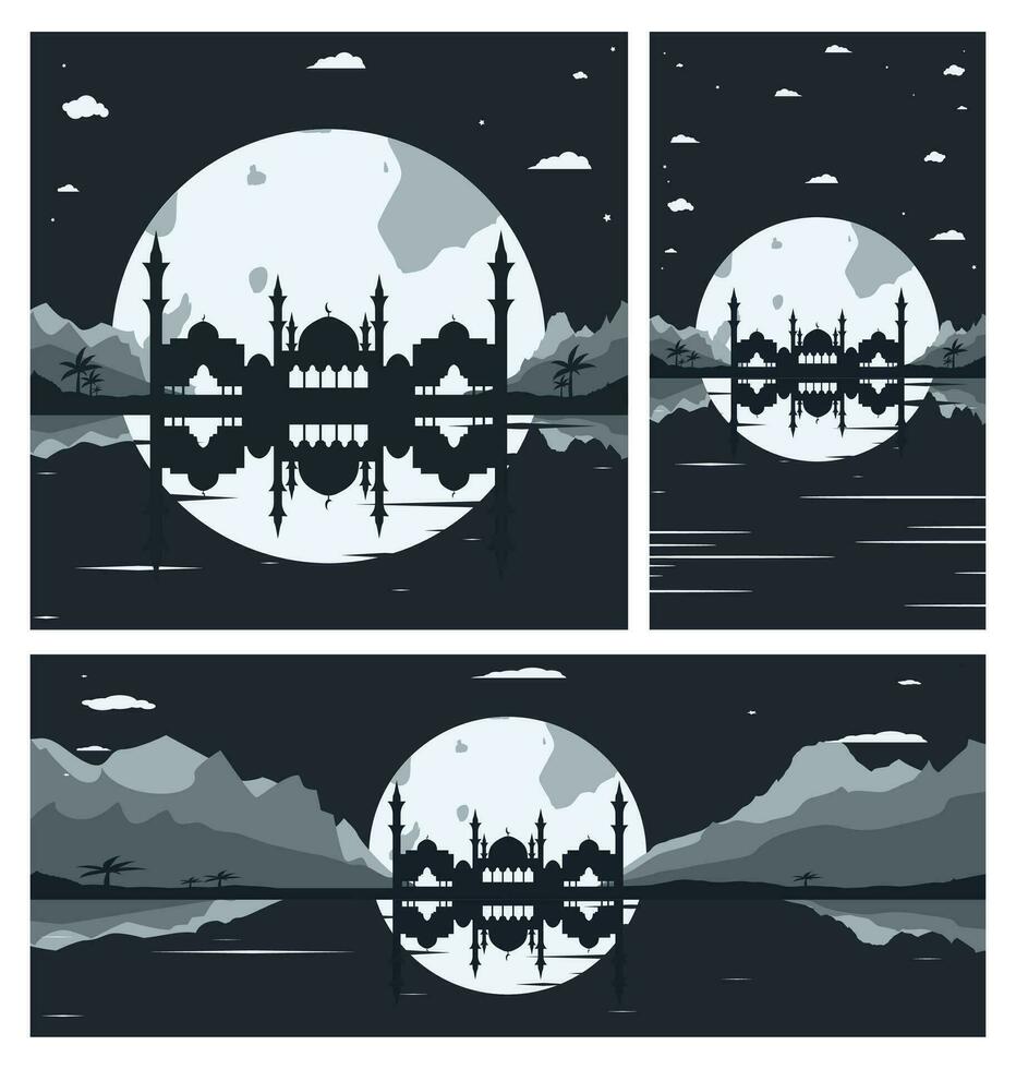 Collection of Mosque Silhouette Backgrounds with Mountains and Full Moon in the Background vector
