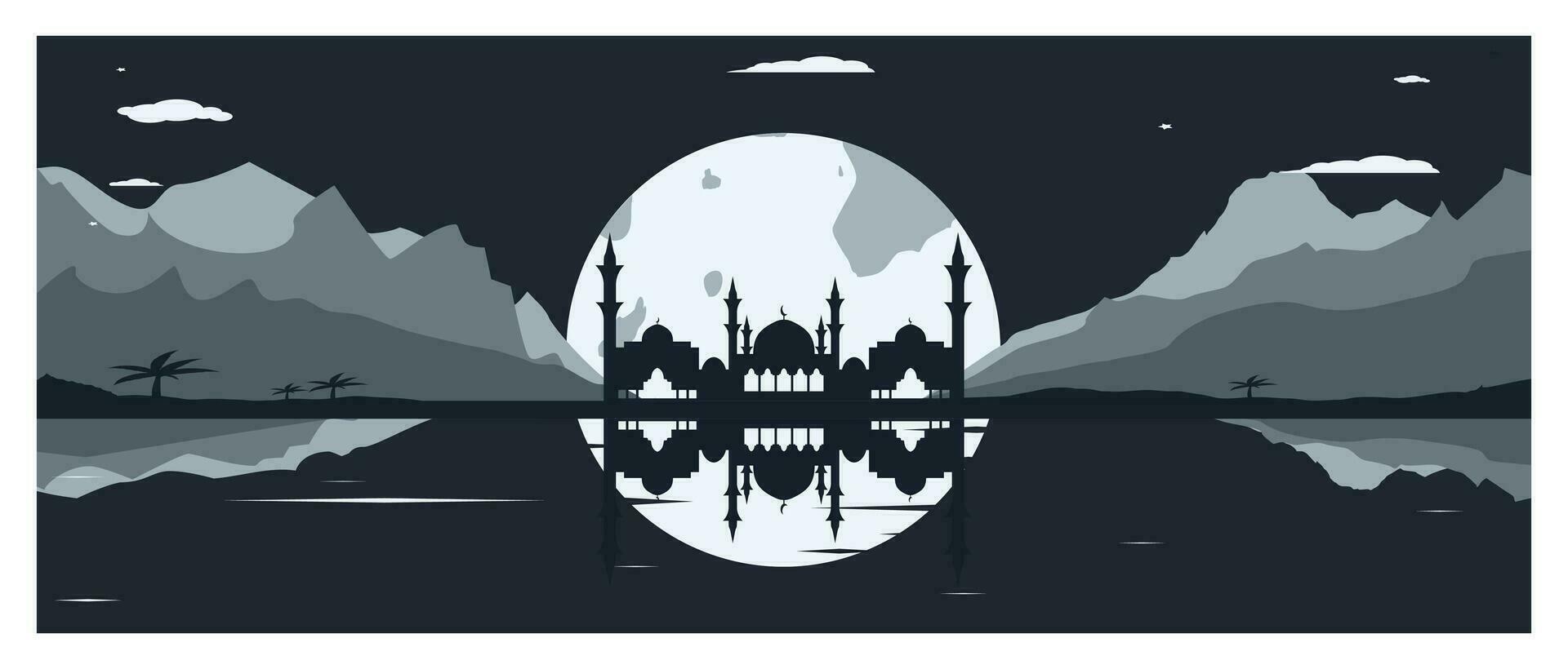 Mosque Silhouette with Mountains and Full Moon in the Background vector