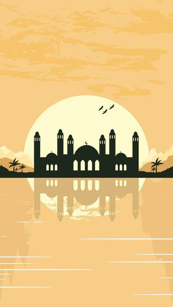 Mosque Silhouette with Mountains and Sunset in the Background vector