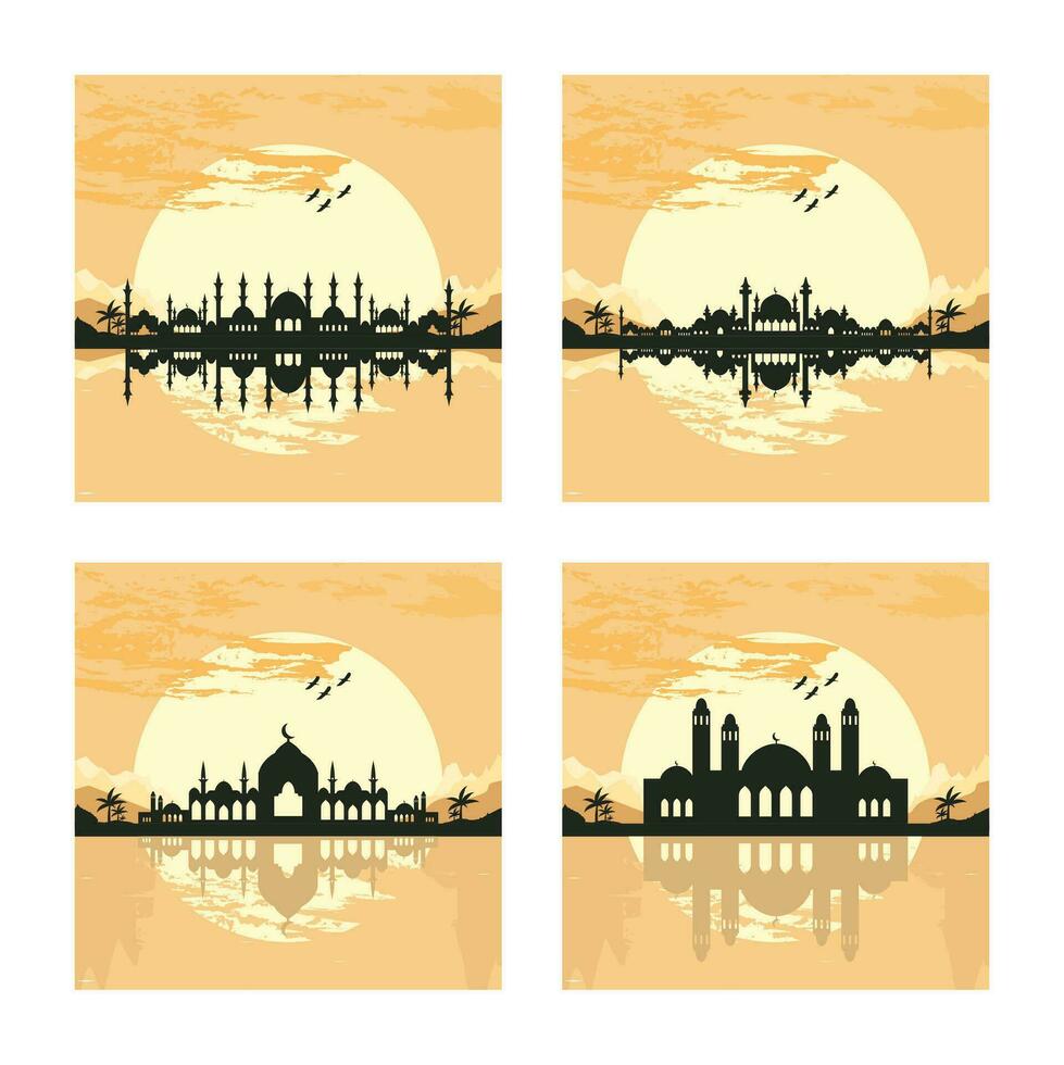 Collection of Mosque Silhouette with Mountains and Sunset in the Background vector