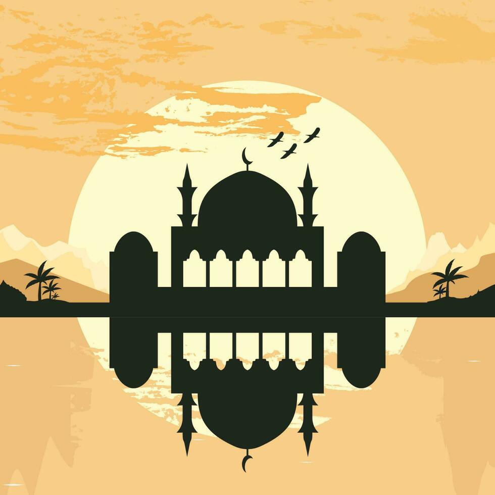 Mosque Silhouette with Mountains and Sunset in the Background vector