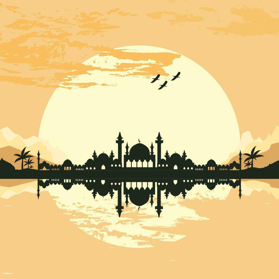 Mosque Silhouette with Mountains and Sunset in the Background vector