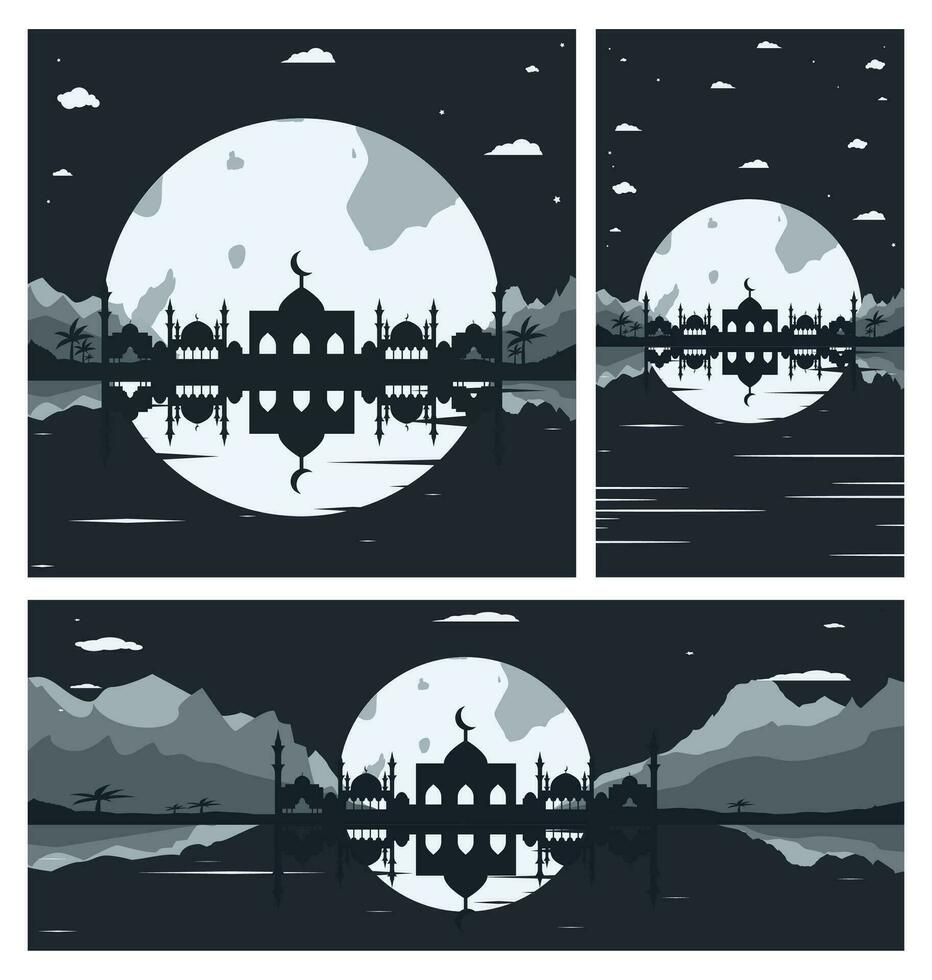 Collection of Mosque Silhouette Backgrounds with Mountains and Full Moon in the Background vector