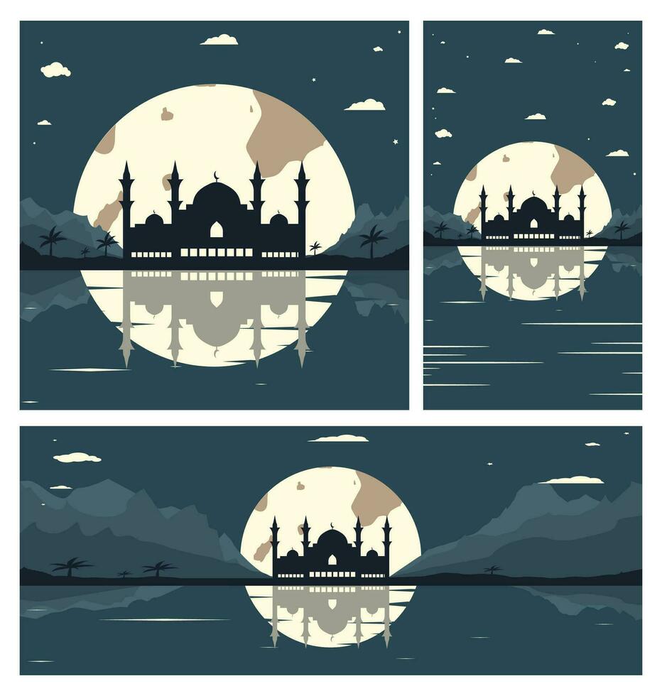 Collection of Mosque Silhouette Backgrounds with Mountains and Full Moon in the Background vector