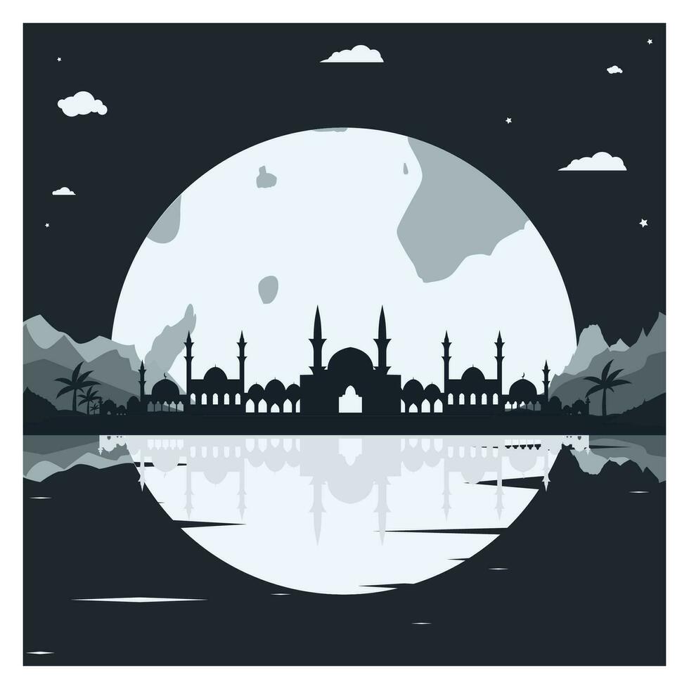 Mosque Silhouette with Mountains and Full Moon in the Background vector