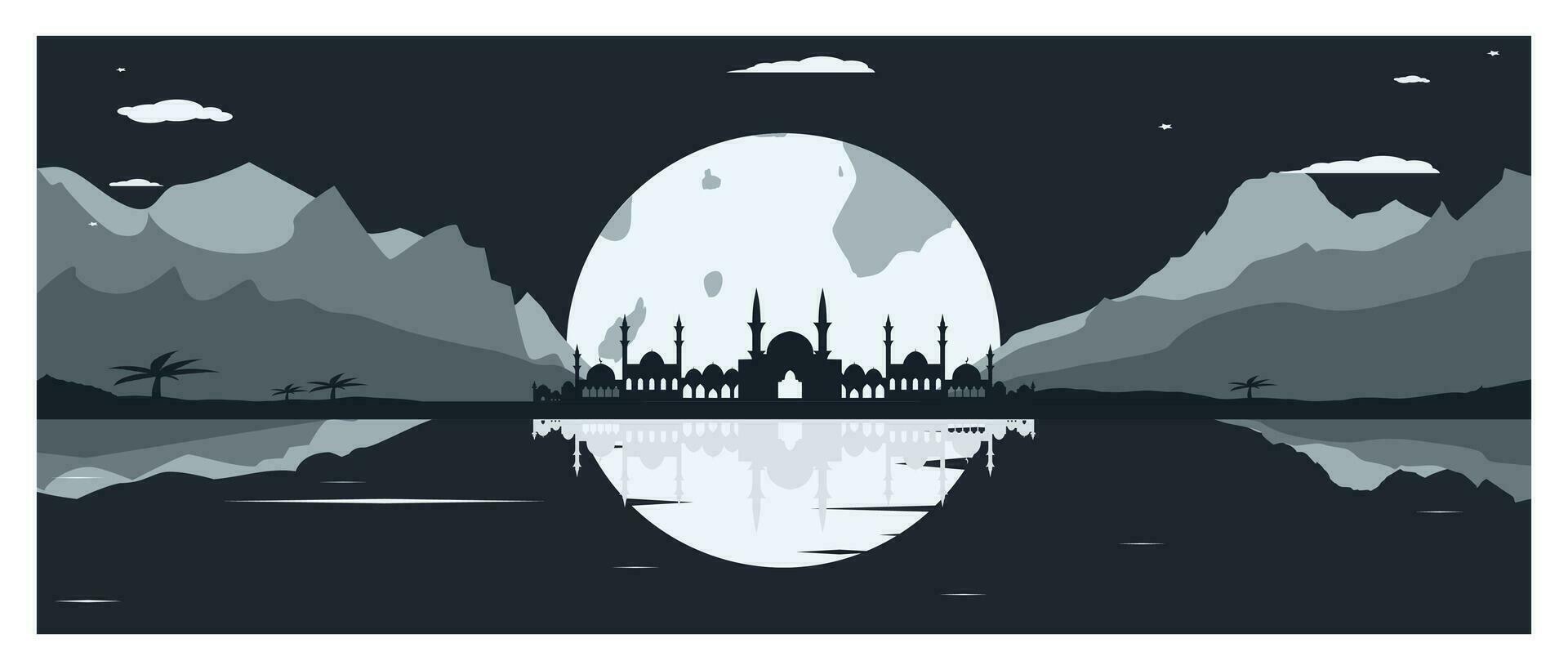 mezquita silueta con montañas y lleno Luna en el antecedentes vector