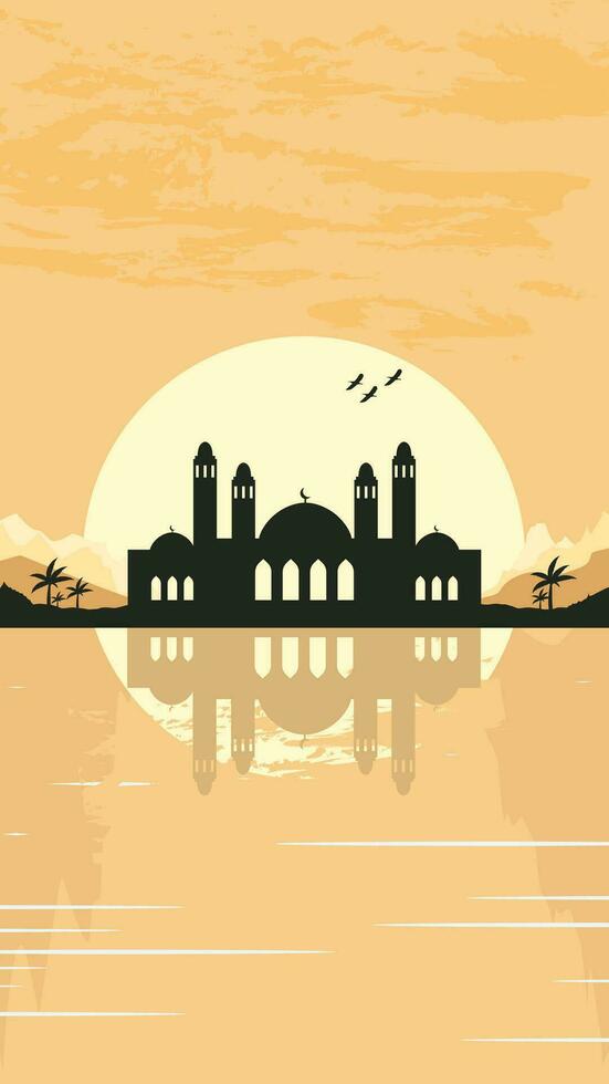 Mosque Silhouette with Mountains and Sunset in the Background vector