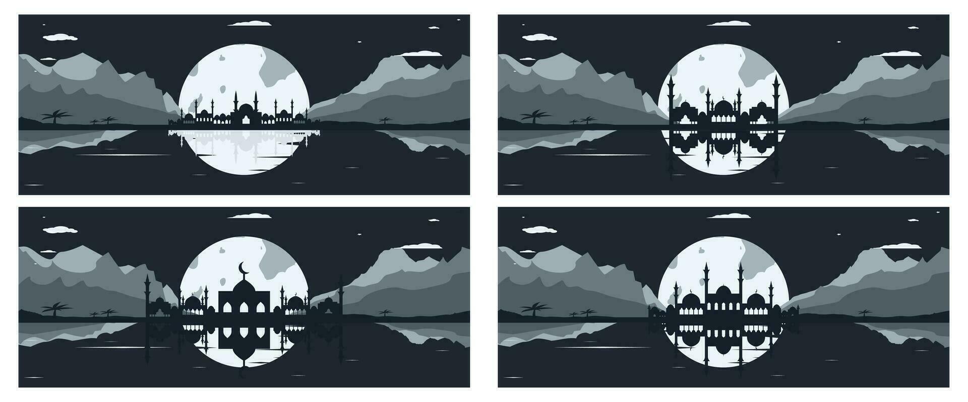 Collection of Mosque Silhouette Backgrounds with Mountains and Full Moon in the Background vector