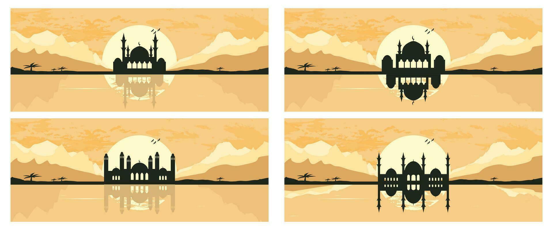 Collection of Mosque Silhouette with Mountains and Sunset in the Background vector