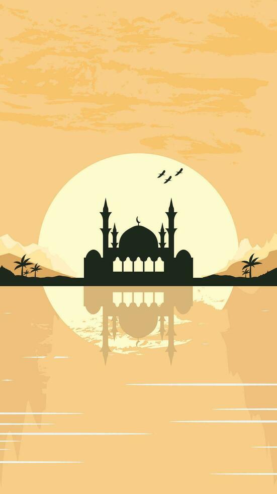Mosque Silhouette with Mountains and Sunset in the Background vector