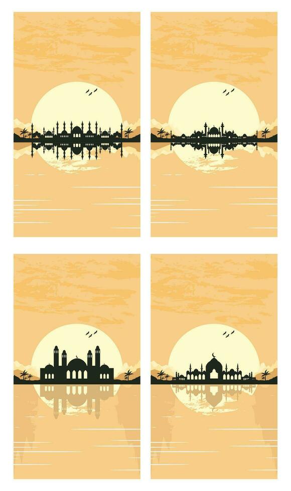 Collection of Mosque Silhouette with Mountains and Sunset in the Background vector