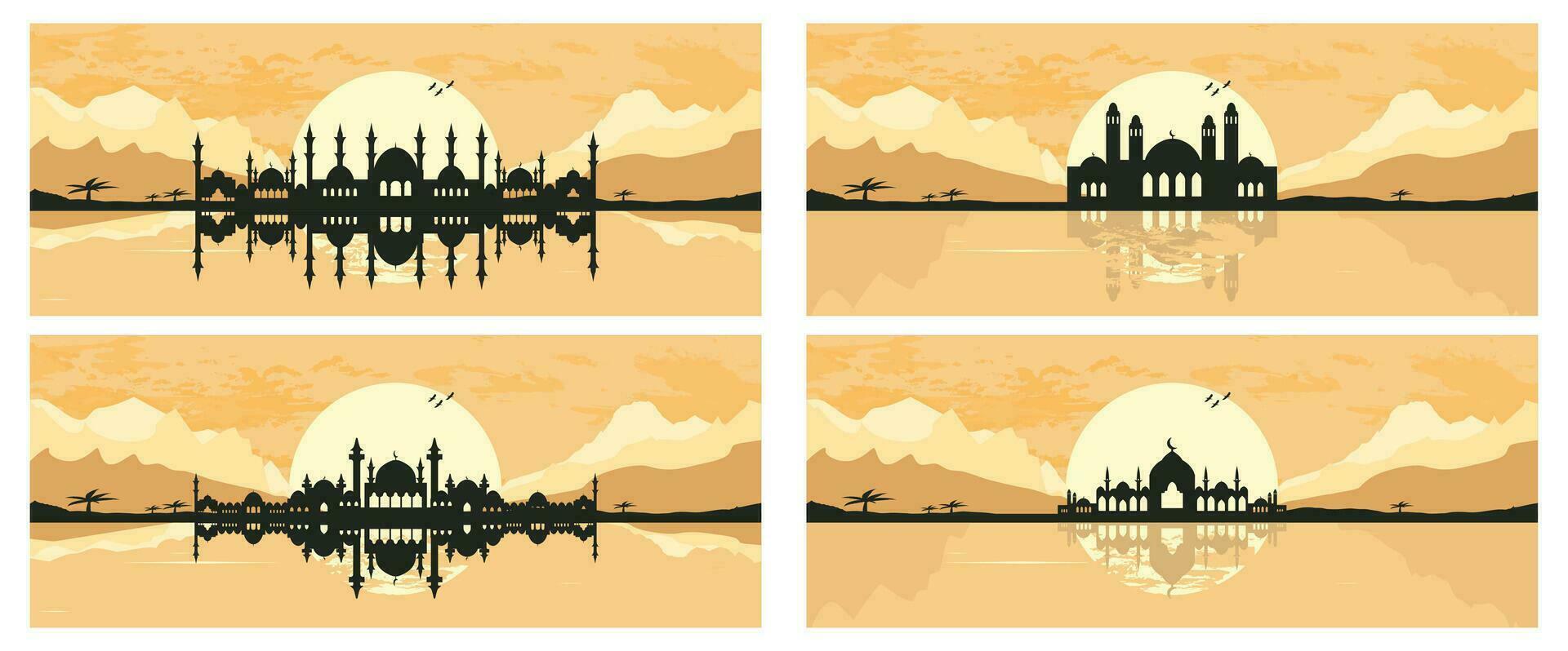 Collection of Mosque Silhouette with Mountains and Sunset in the Background vector