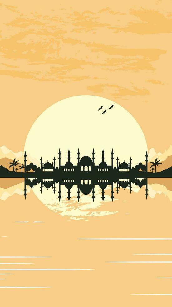 Mosque Silhouette with Mountains and Sunset in the Background vector