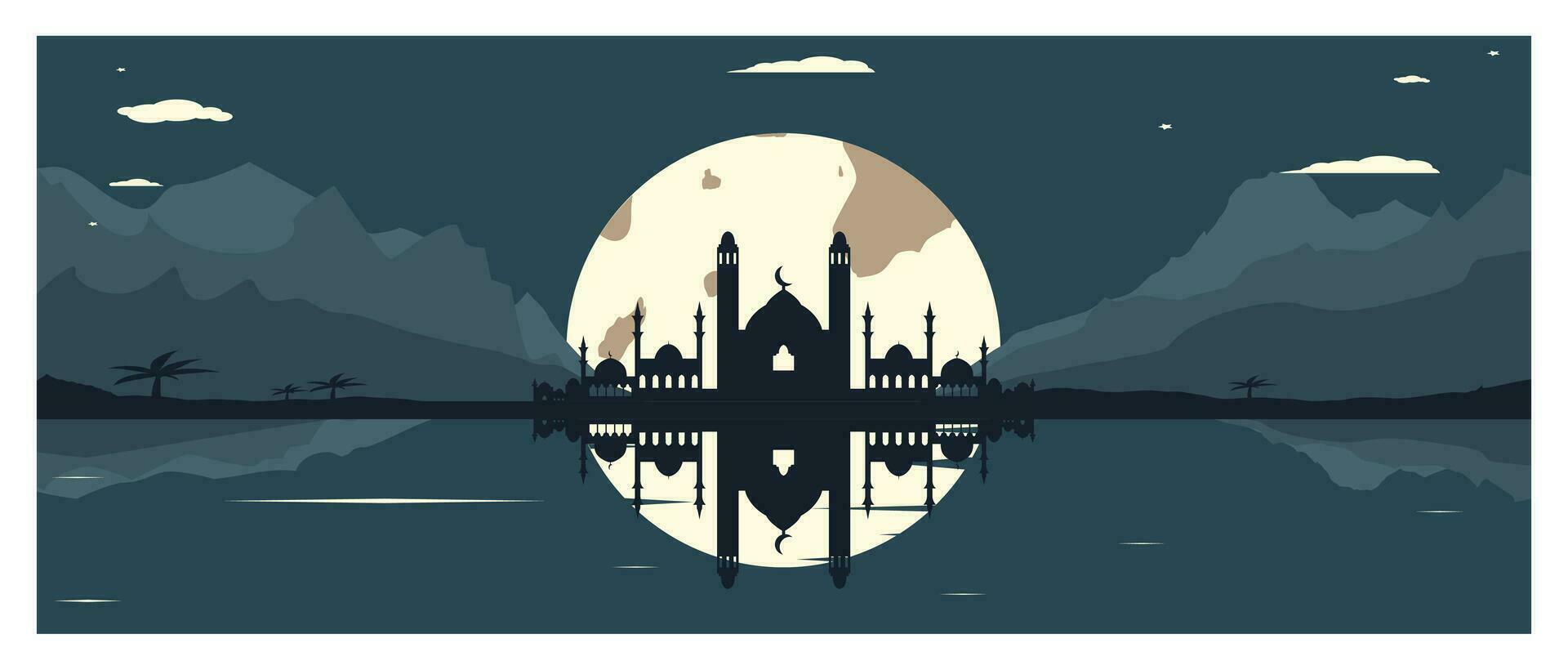 Mosque Silhouette with Mountains and Full Moon in the Background vector