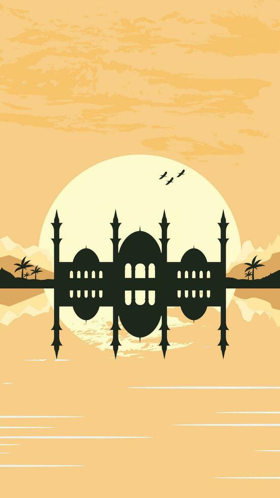 Mosque Silhouette with Mountains and Sunset in the Background vector
